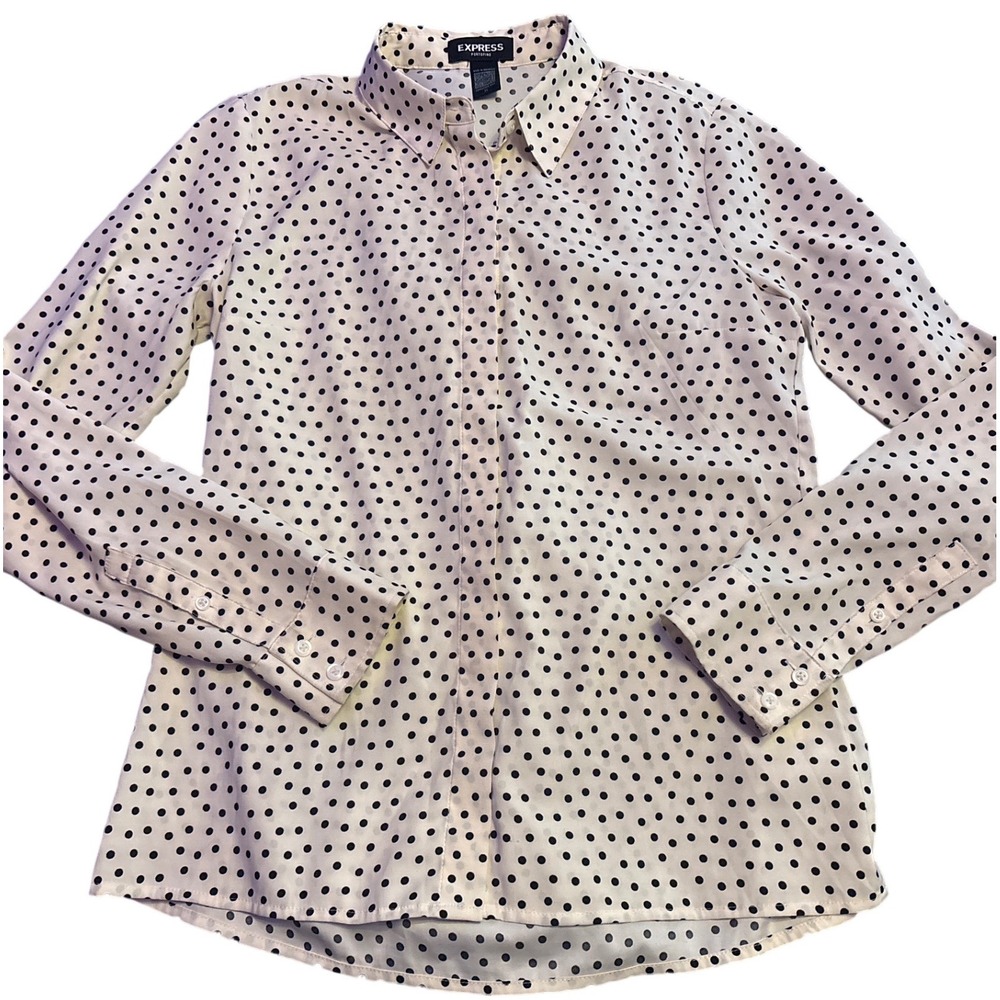 Express Portofino Ivory Black Polka Dot Stretch Button Down Blouse XS